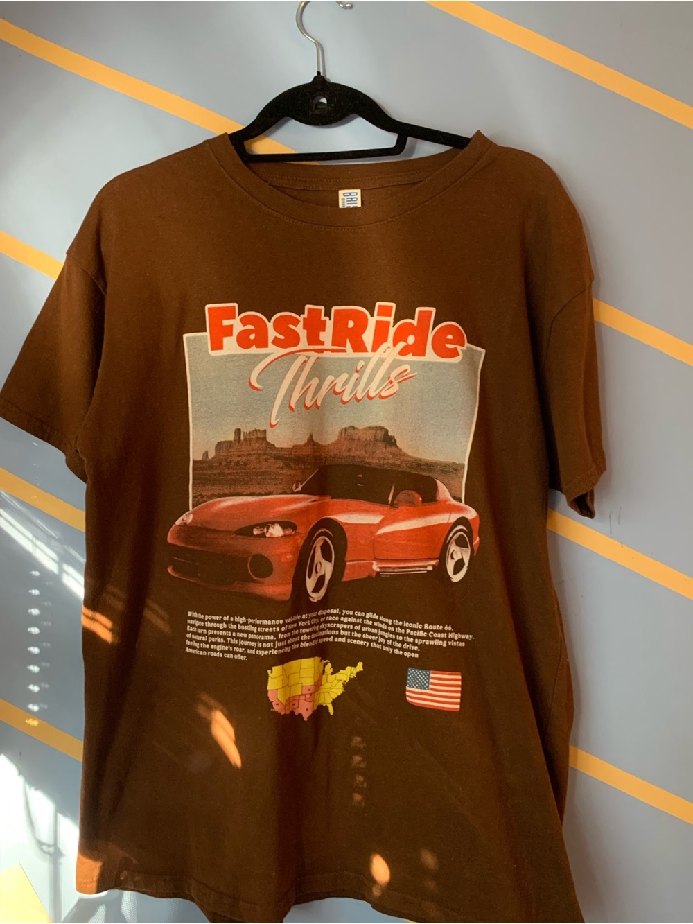 FastRide Thrills Graphic Tee - Brown with Red Car Print